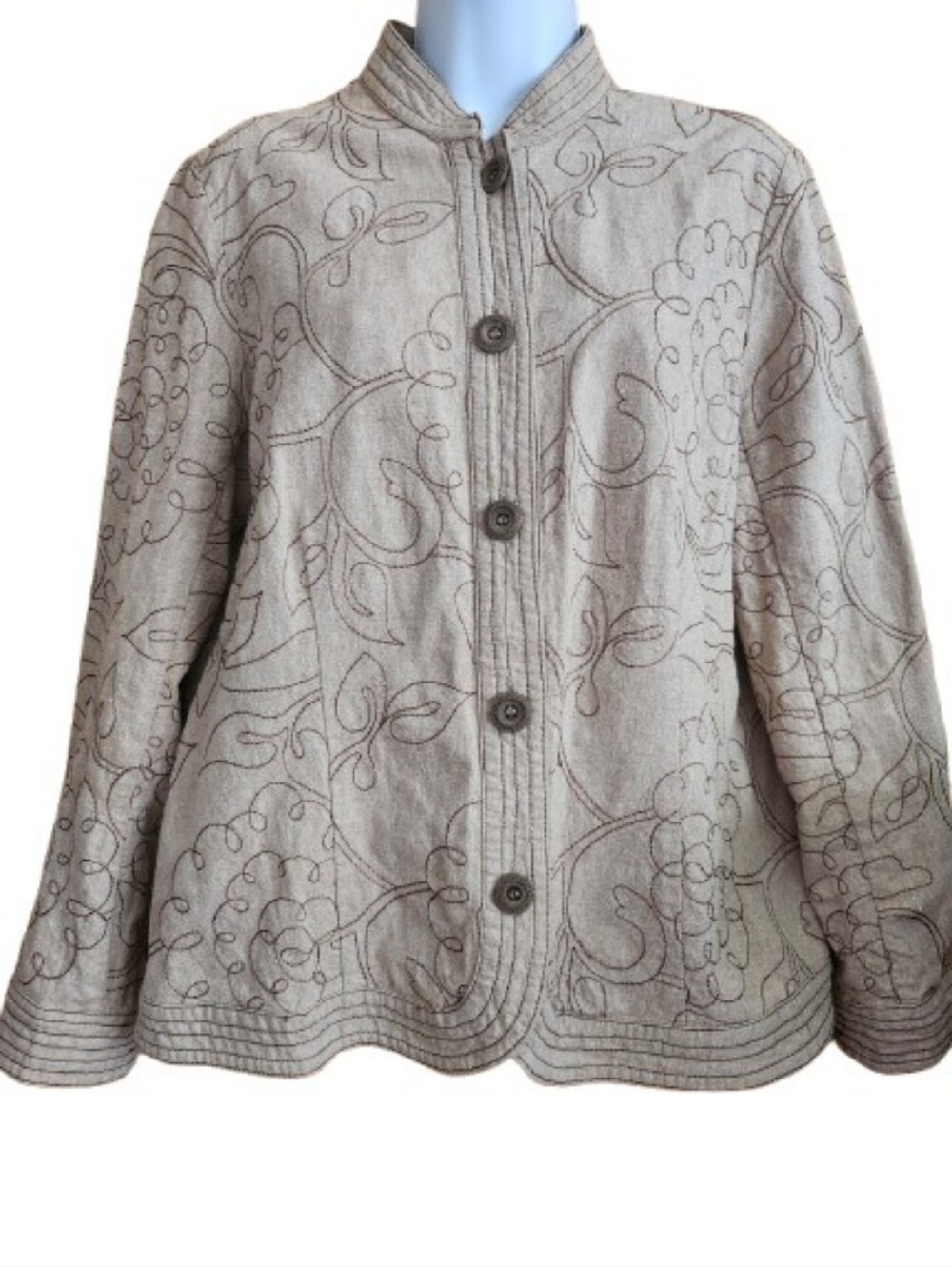 Requirements Linen/Cotton Tan Embroidered ButtonFront Stand Collar Jacket Size12